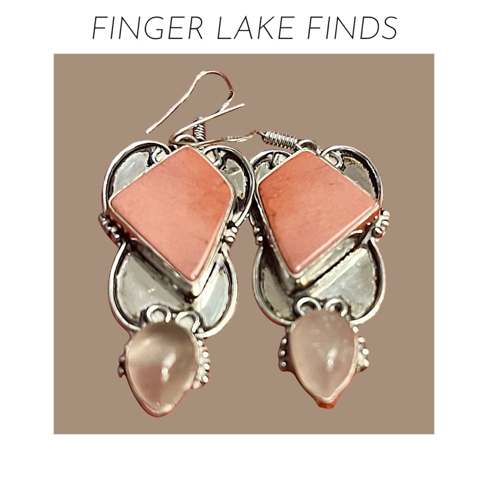 Rhodonite/Rose Quartz Sterling Dangle Earrings